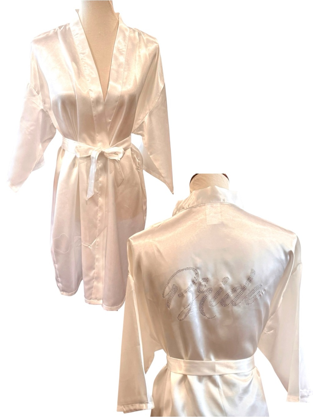 Bride Satin Robe with Rhinestone Script - White Sz L